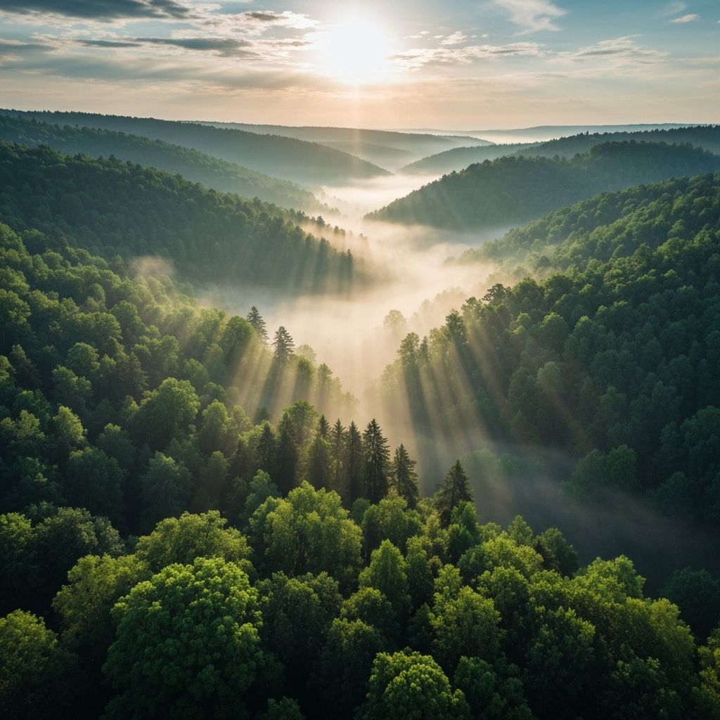 Vast forest landscape with morning mist